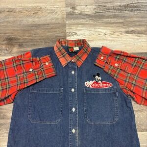 Vintage 90s Mickey Unlimited Disney Blue Red Mens S Denim Plaid Sleeves Shirt